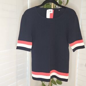 CAbi Dark Blue Sweater with Red and White Stripes